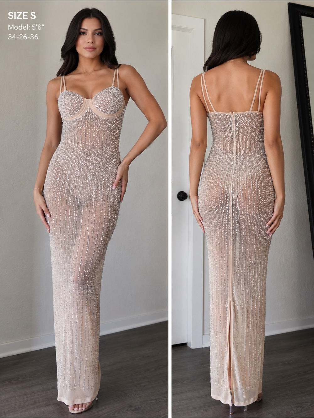 Strapless Sheer Embellished Nude Evening Dress